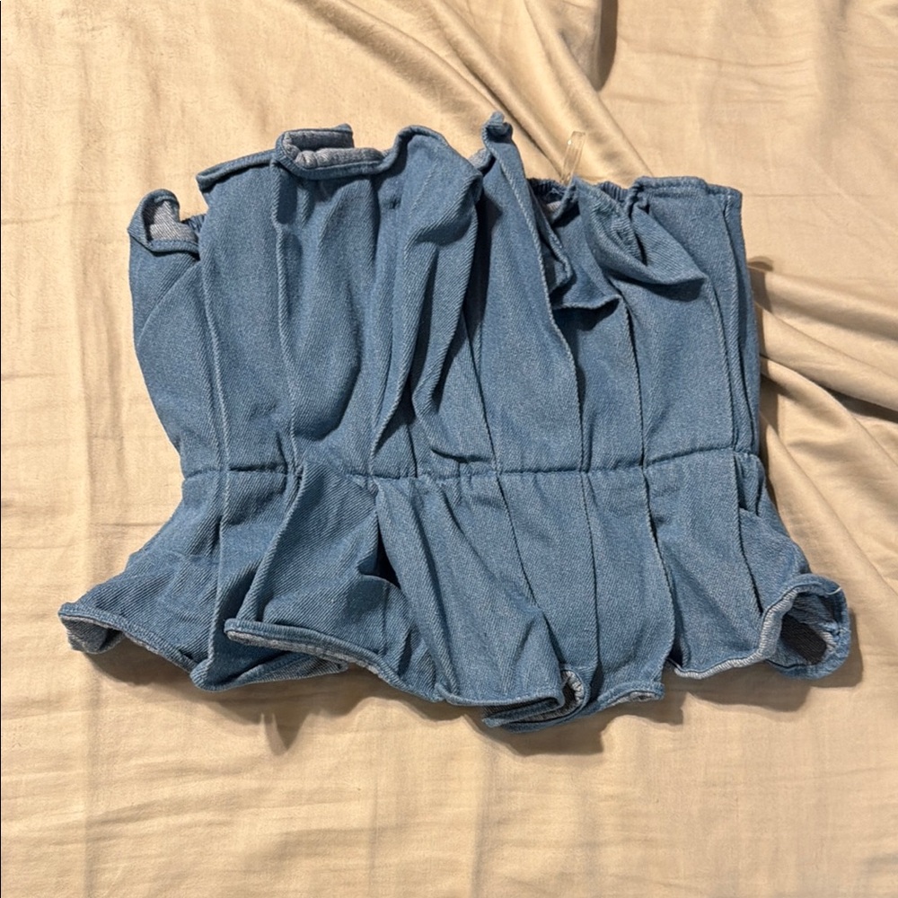 Blue Women's Smocked Denim-Style Crop Top